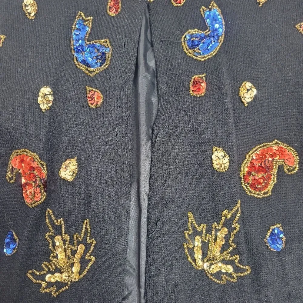 VINTAGE 80s cardigan black‎ sequined embellished wool angora sweater M